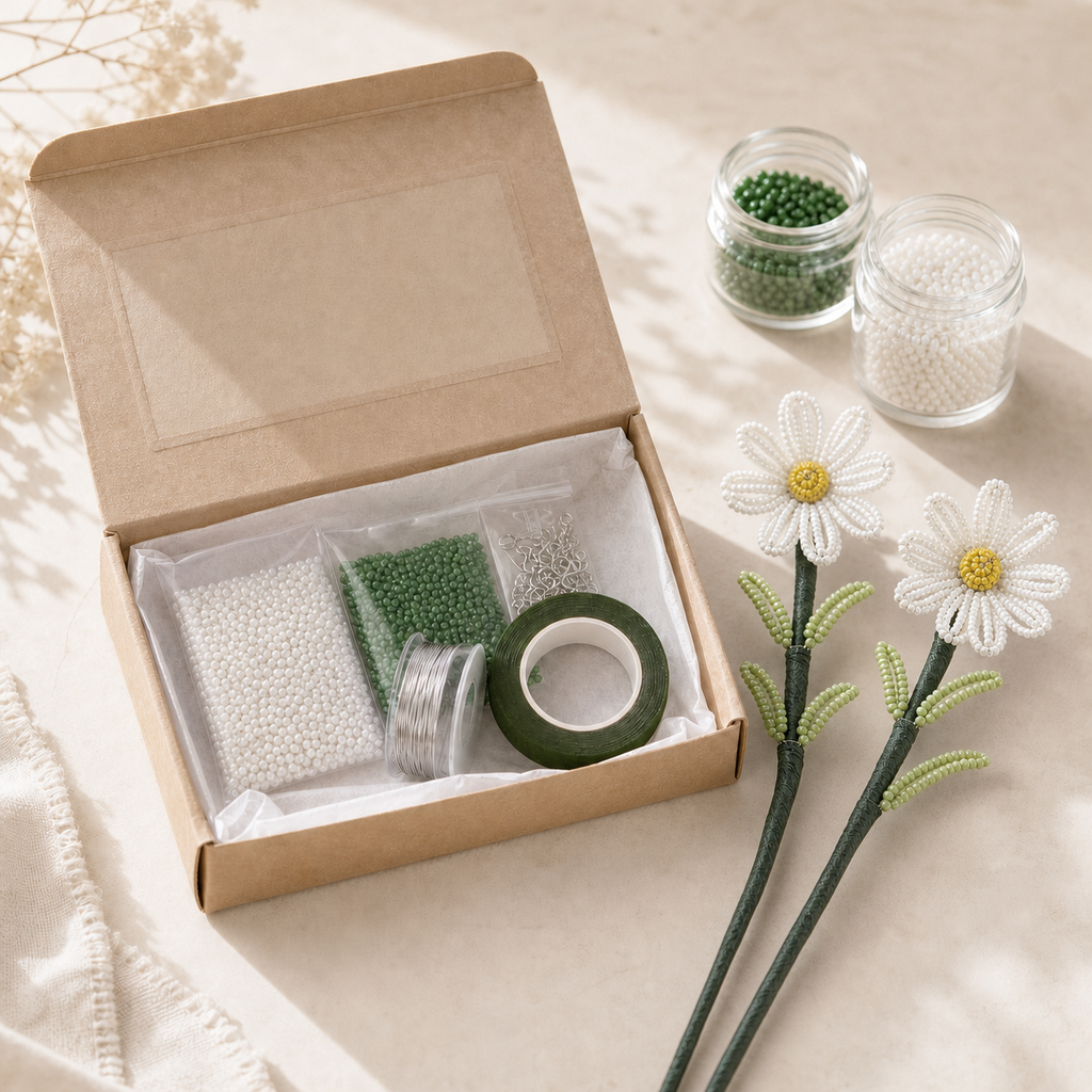 Open DIY beaded daisy flower kit with materials and two finished white and yellow daisy stems