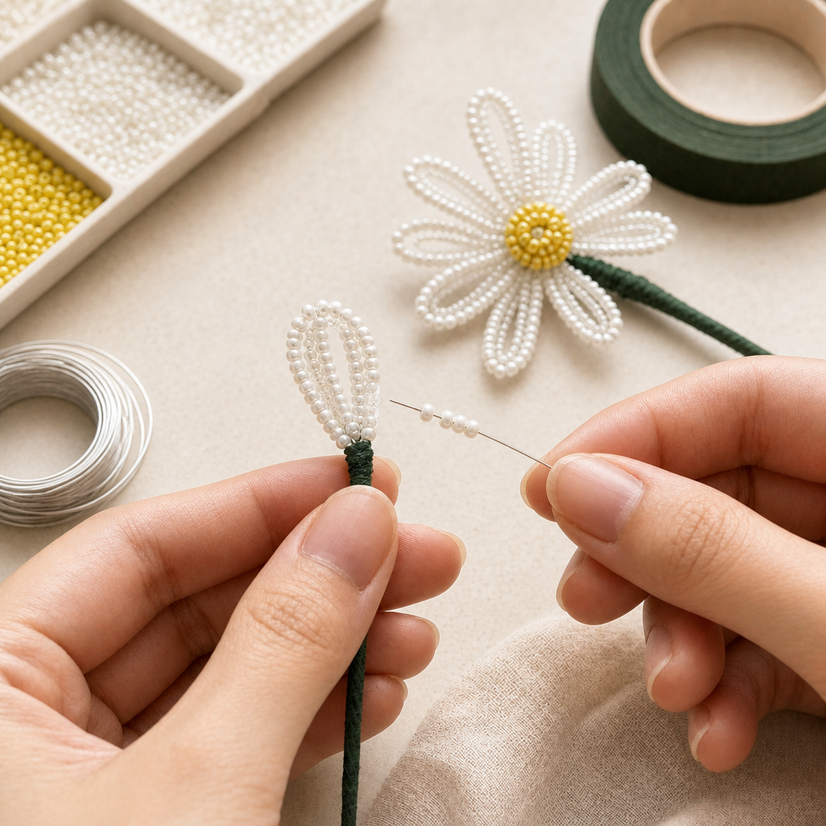Hands threading white beads onto wire to form a looped daisy petal