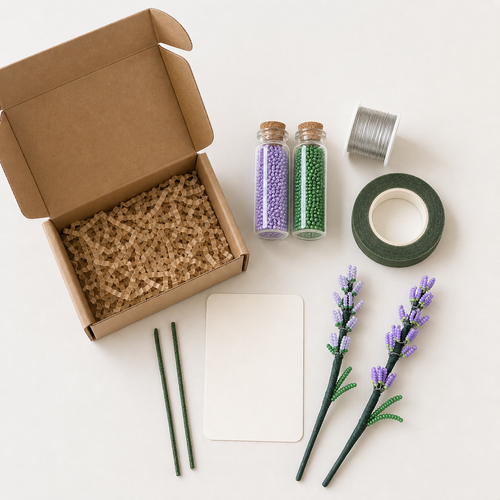 Flat lay of DIY beaded lavender kit contents including bead containers, wire, floral tape, stems, and finished examples