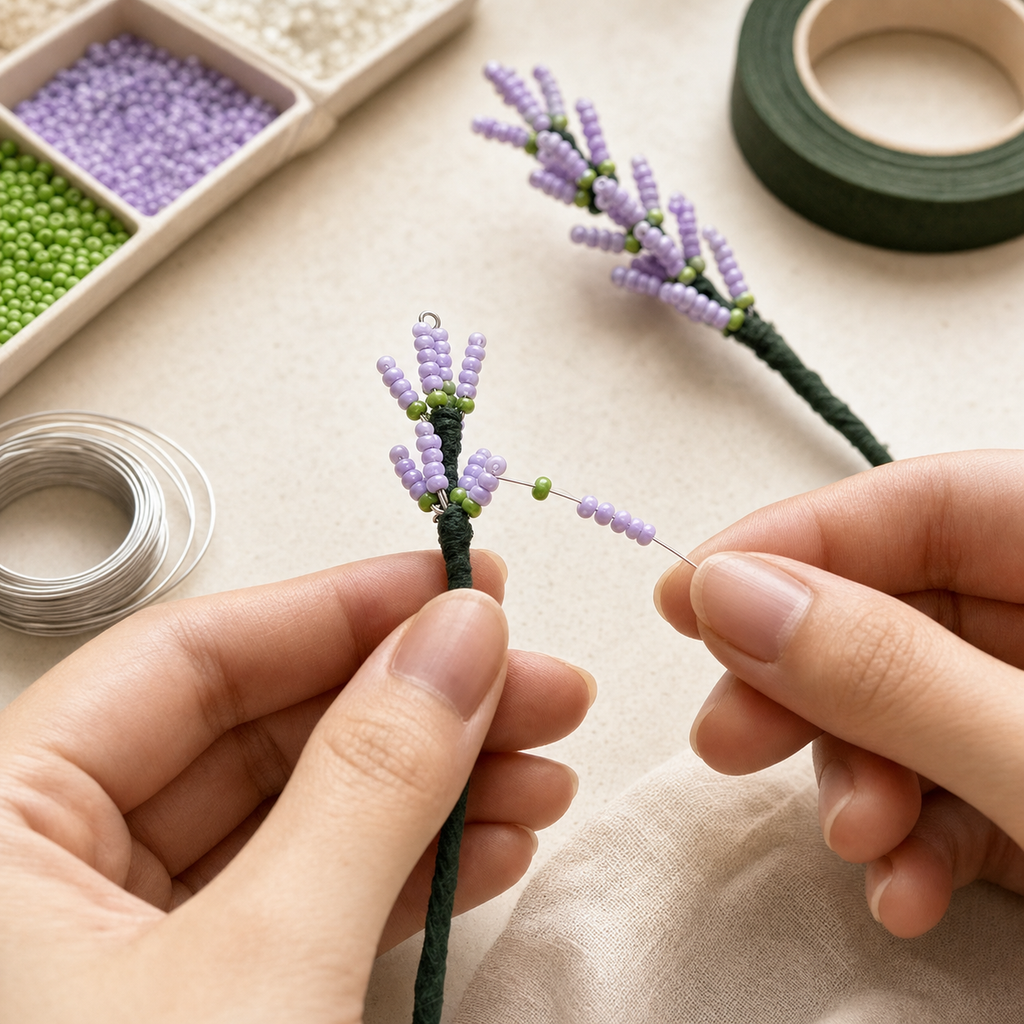 Hands threading purple and green beads onto wire to make a small beaded lavender flower stem