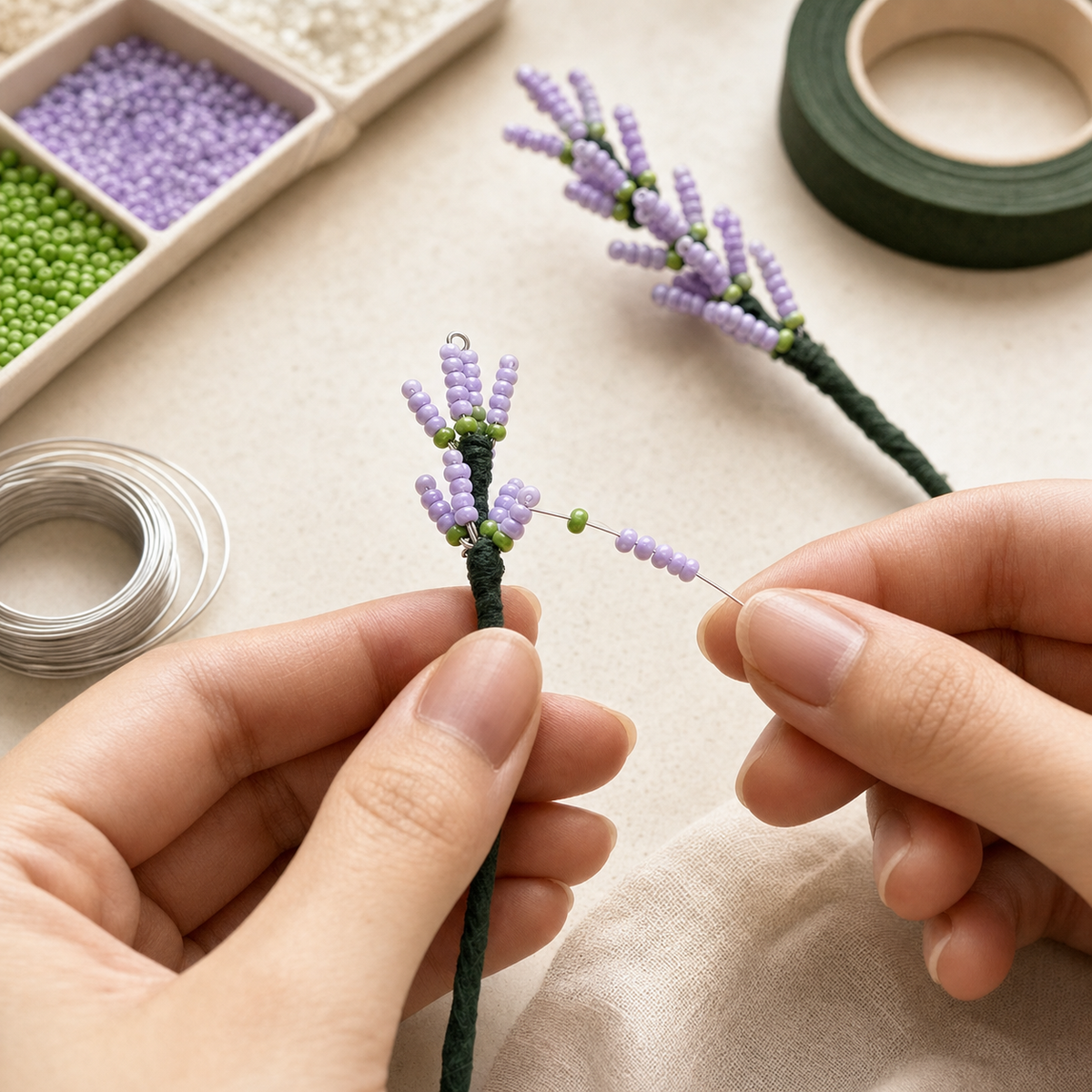 Hands threading purple and green beads onto wire to make a small beaded lavender flower stem