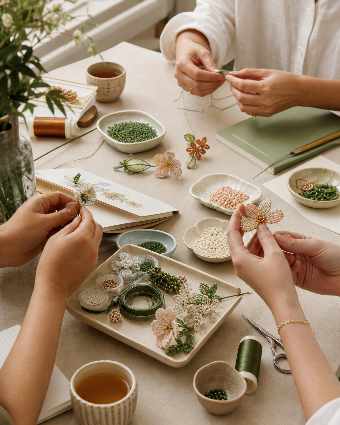 Friends making beaded flowers together around a table